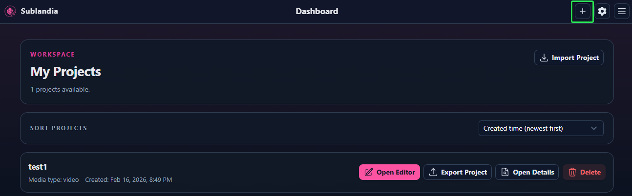 Creating a new subtitle project before subtitle file import in Sublandia Editor