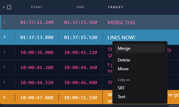 Merging subtitle lines from subtitle table in Sublandia Editor