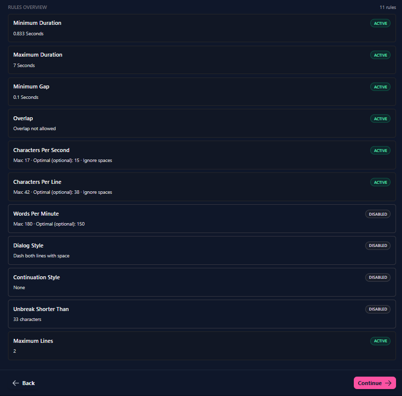 Subtitle ruleset and Rules overview in Sublandia Editor