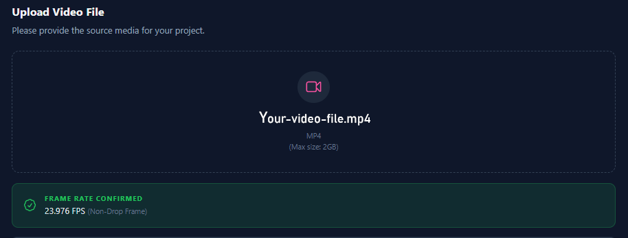 Video upload screen in Sublandia Editor with detected frame rate