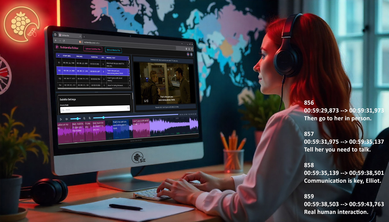 Woman creating an English subtitle template (ETT) in Sublandia Editor, with a world map in the background